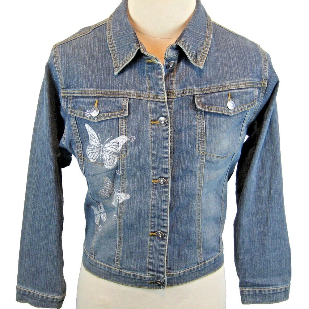 Womens Arizona Jeans Silver Glittery Butterflies Blue Denim Jacket sz 2XL